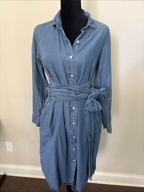 Gap Chambray Tie Waist Midi Shirt Dress Sz small Lyocell Button Front Minimalist